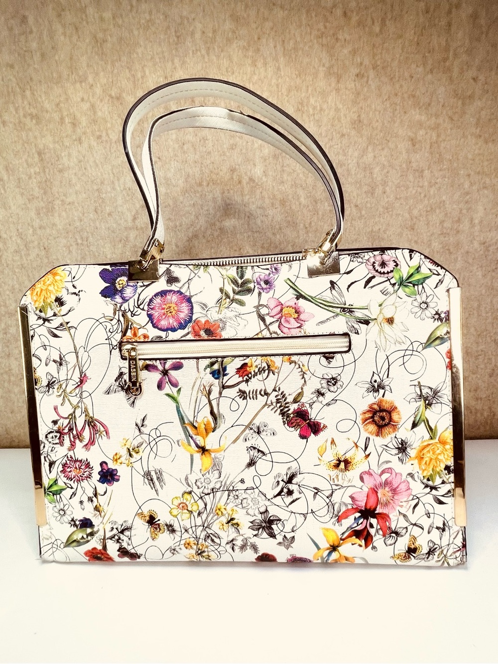 Dasein Botanical Floral Large Purse Bag with Gold Trim Accents Matching Key Loop